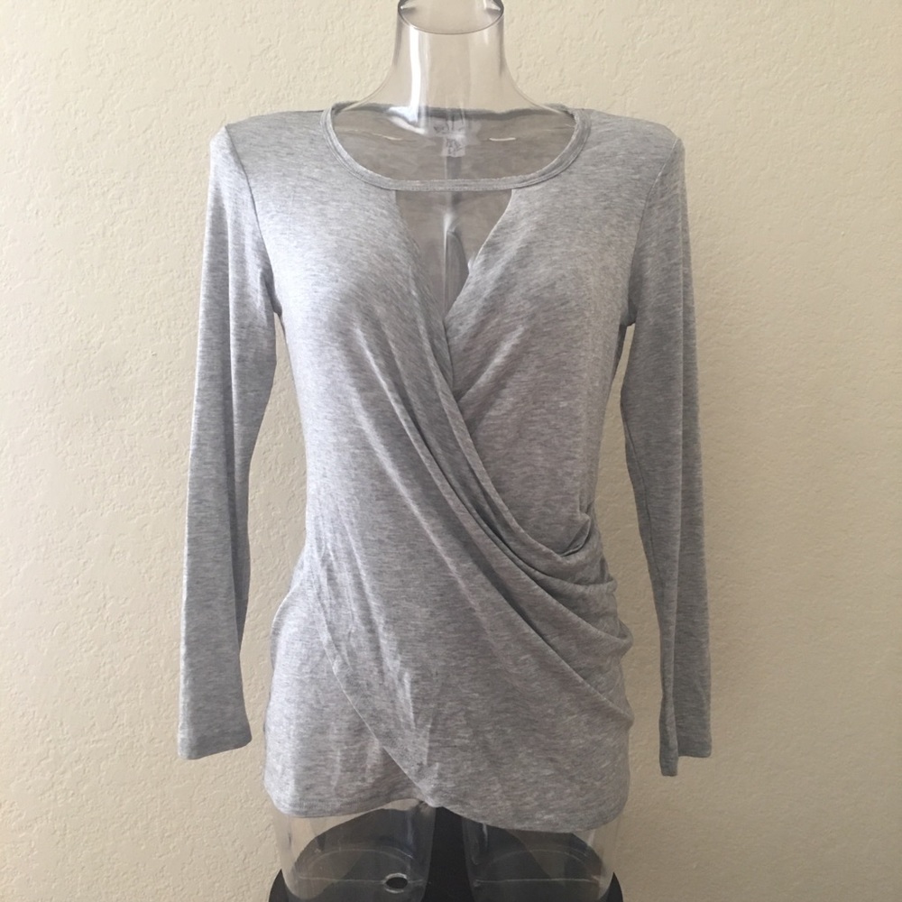 Long Sleeve Soft Gray Wrap-Look Top